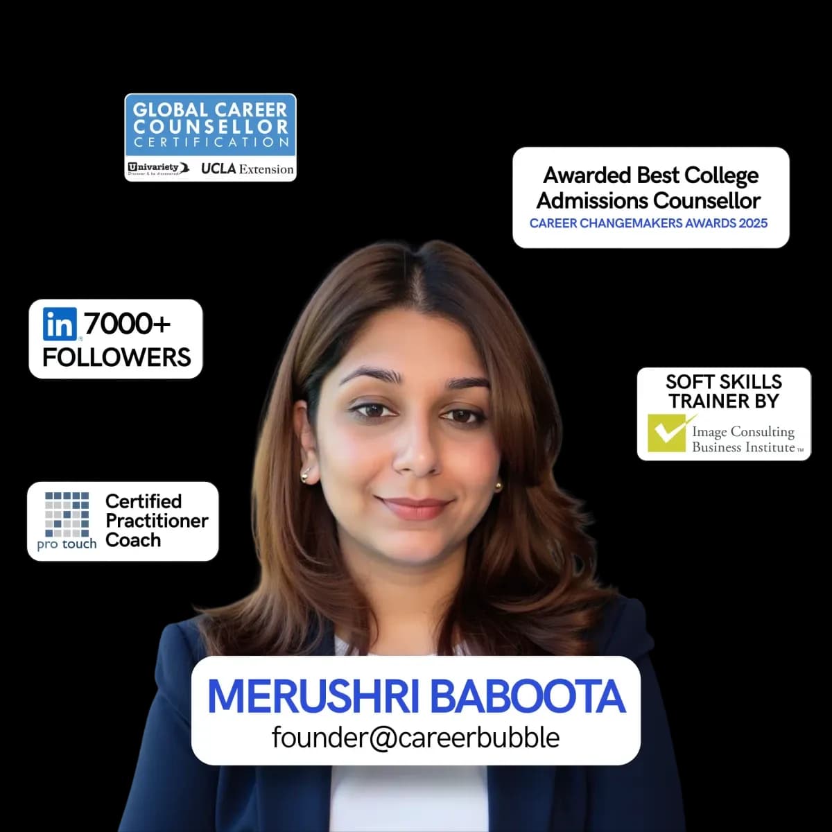 Merushri Baboota, founder of CareerBubble — Global Career Counsellor (UCLA), Certified Practitioner Coach, and Soft Skills Trainer